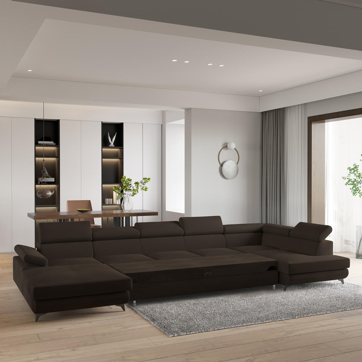 WOHNLANDSCHAFT MONTIVA Braun Velours-Stoff mit Schlaffunktion - Braun, Holz (410/89/190cm) - MASSENO