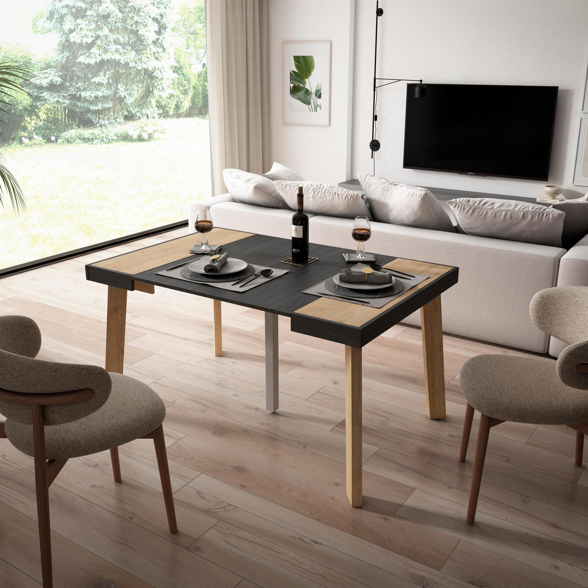 KONSOLENTISCH ausziehbar 58 bis 140cm, für 6 Gäste, eiche, schwarz, 90/58/73cm - Eichefarben/Schwarz, Holzwerkstoff (90/140/73cm) - Skraut Home