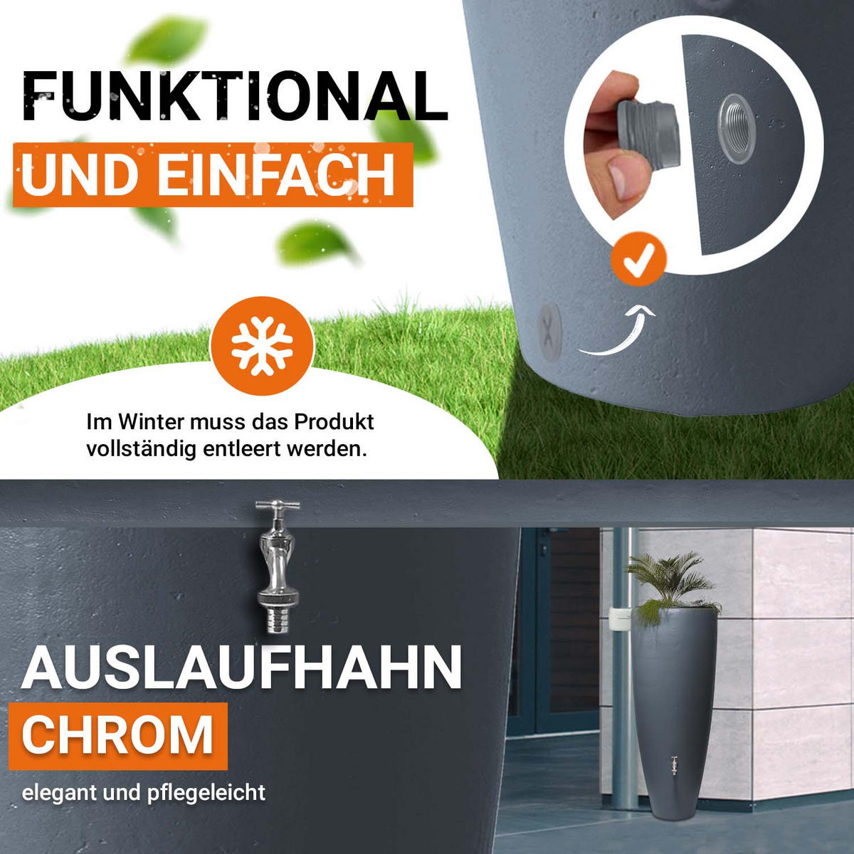 2IN1 Regentonnen Komplett-Set 300 L graphite grey inkl. Chrom-Auslaufhahn und Fallrohranschluss - Grau, Kunststoff (62/145/62cm) - GARANTIA