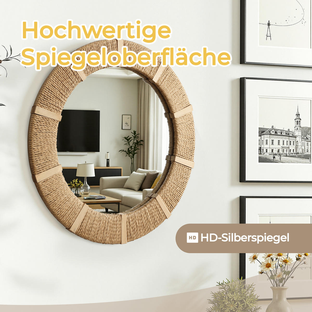 53CM Runder Wandspiegel mit Rahmen aus Tannenholz und Papierkordel Geeignet für Badezimmer, Wohnzimmer, Schlafzimmer usw. - Hellbraun/Beige, Glas/Holz (53/3/53cm) - Hometopia