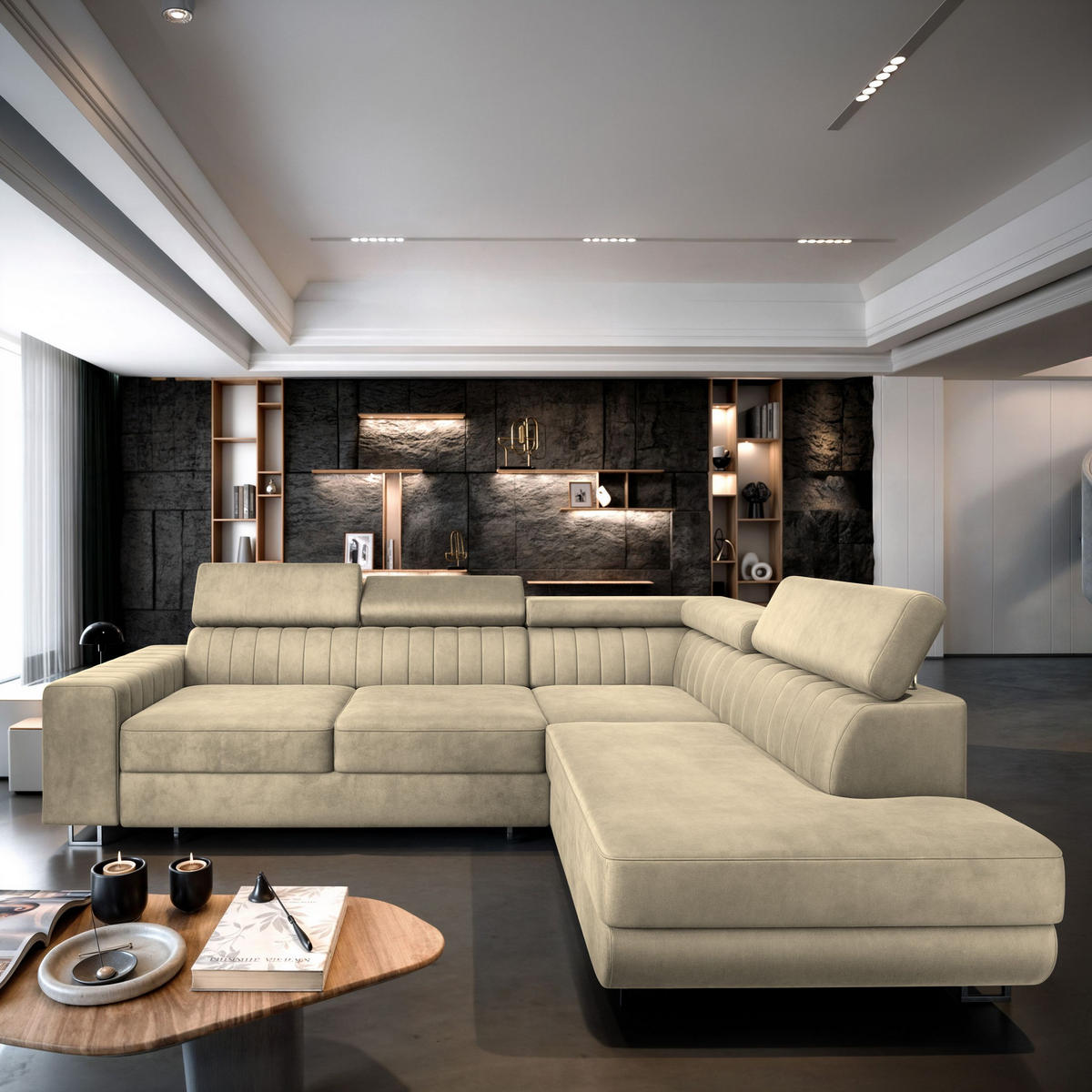 ECKSOFA NOLA R-S Creme Velours-Stoff mit Schlaffunktion - Creme, Holz (253/190cm) - MASSENO