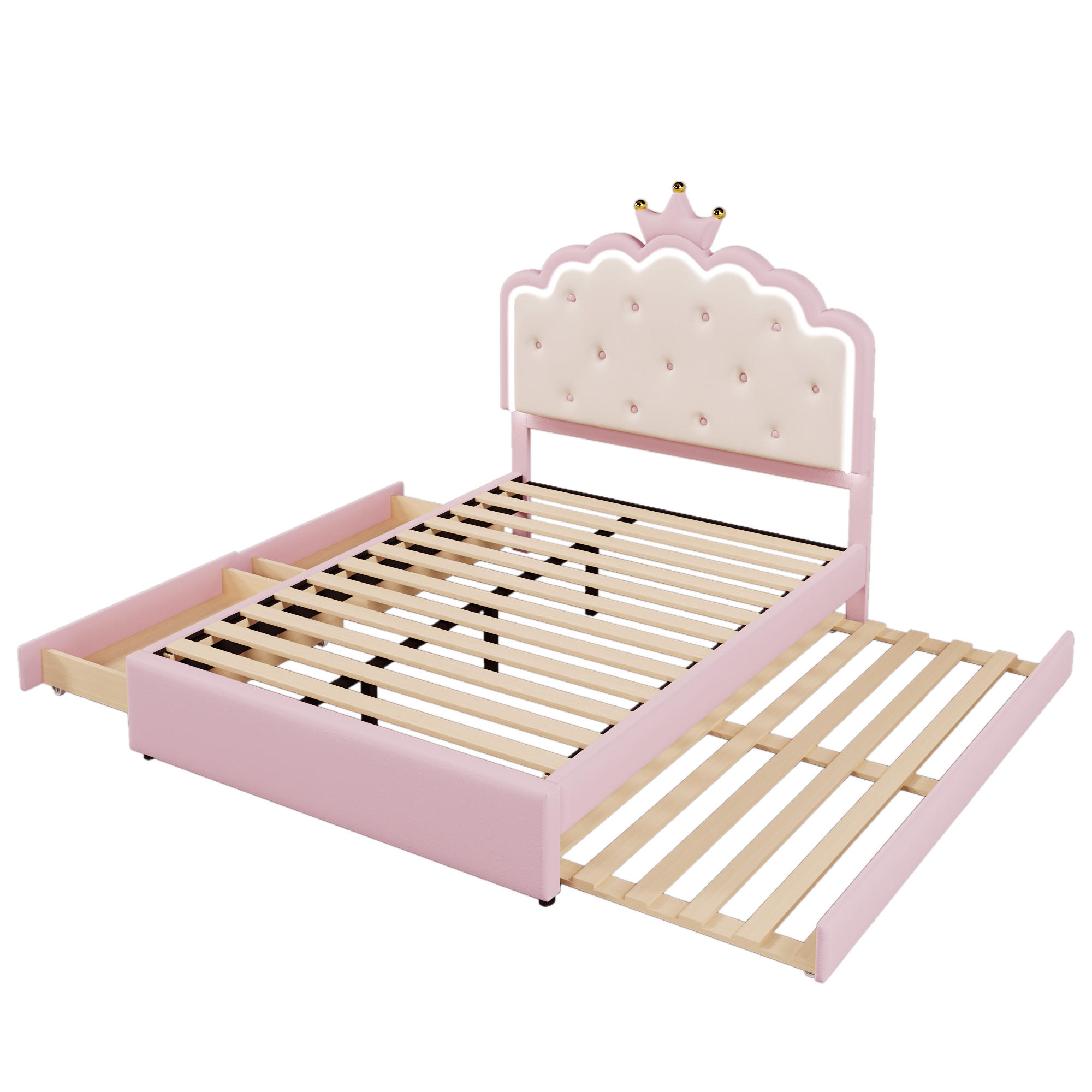 POLSTERBETT 140/200 cm DE-04644, mit Ausziehbett, LED, 2 Schubladen und Krone in Rosa - Pink, Holzwerkstoff/Metall (140/200cm) - ComfortXL