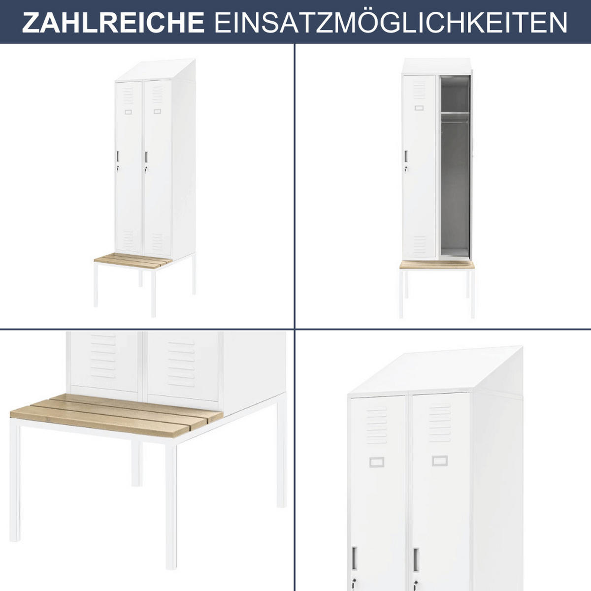 UMKLEIDESCHRANK Spind mit Sitzbank BARCA 2 Abteile 229,5x60x85cm Weiß - Weiß, Metall (60/229.5/85cm) - DELUKE