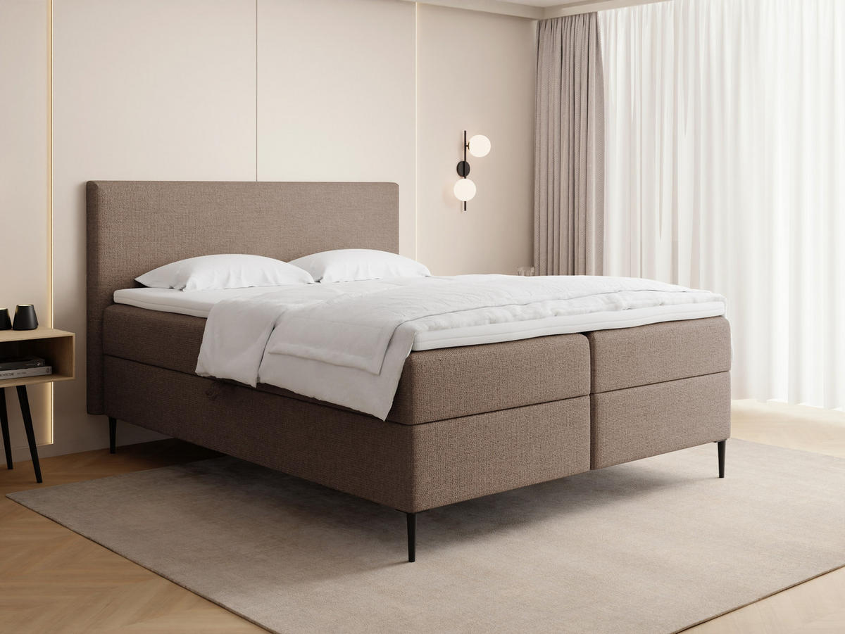 BOXBETT Alba Rise mit Bettkasten, Braun Chenille 140x200 cm – inkl. H4 Taschenfederkern Matratze & Foam Topper - Schwarz/Braun, Holz/Textil (140/200cm) - WFL GROUP