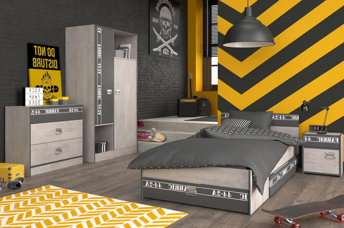 KINDERZIMMER Set 4-tlg Kleiderschrank Schreibtisch Bett 90x200 - Chromfarben/Eschefarben, Holz/Holzwerkstoff (207/182/99cm) - Parisot Meuble