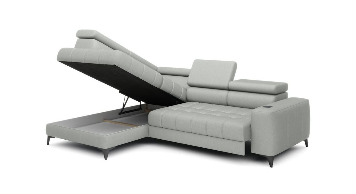 ECKSOFA BAGGIO Letto Stoff, Schlaffunktion, Bettkasten, Sitztiefe, Kopfstützen 280x196cm – Links – Esche - Silberfarben, Holz/Textil (196/280cm) - DomoHome