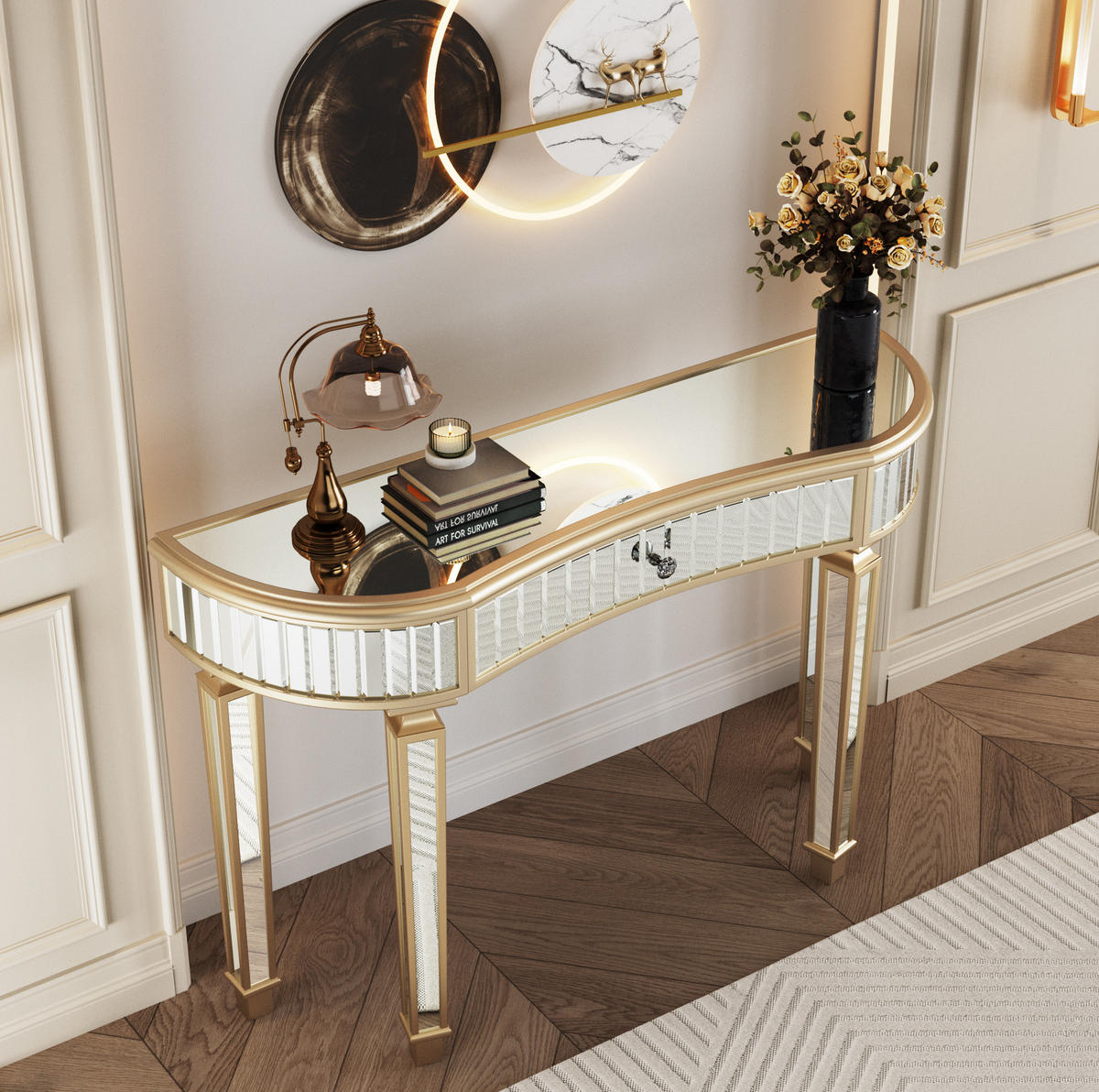 KONSOLENTISCH aus Glas und MDF 120x38x78 cm Gold/Silber mit Schublade und Spiegeldesign - Goldfarben, Holzwerkstoff (38/120/78cm) - Modfu