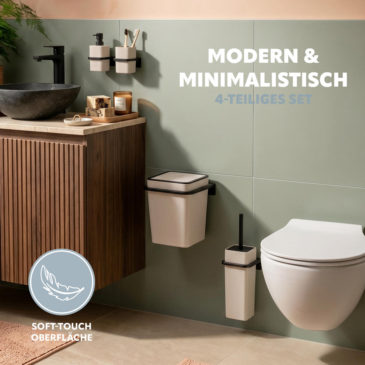 BAD-ACCESSOIRES-SET (4er-Set) SAVONA, Soft-Touch, beige - Beige, Kunststoff (20.5/24.5/21.5cm) - bremermann