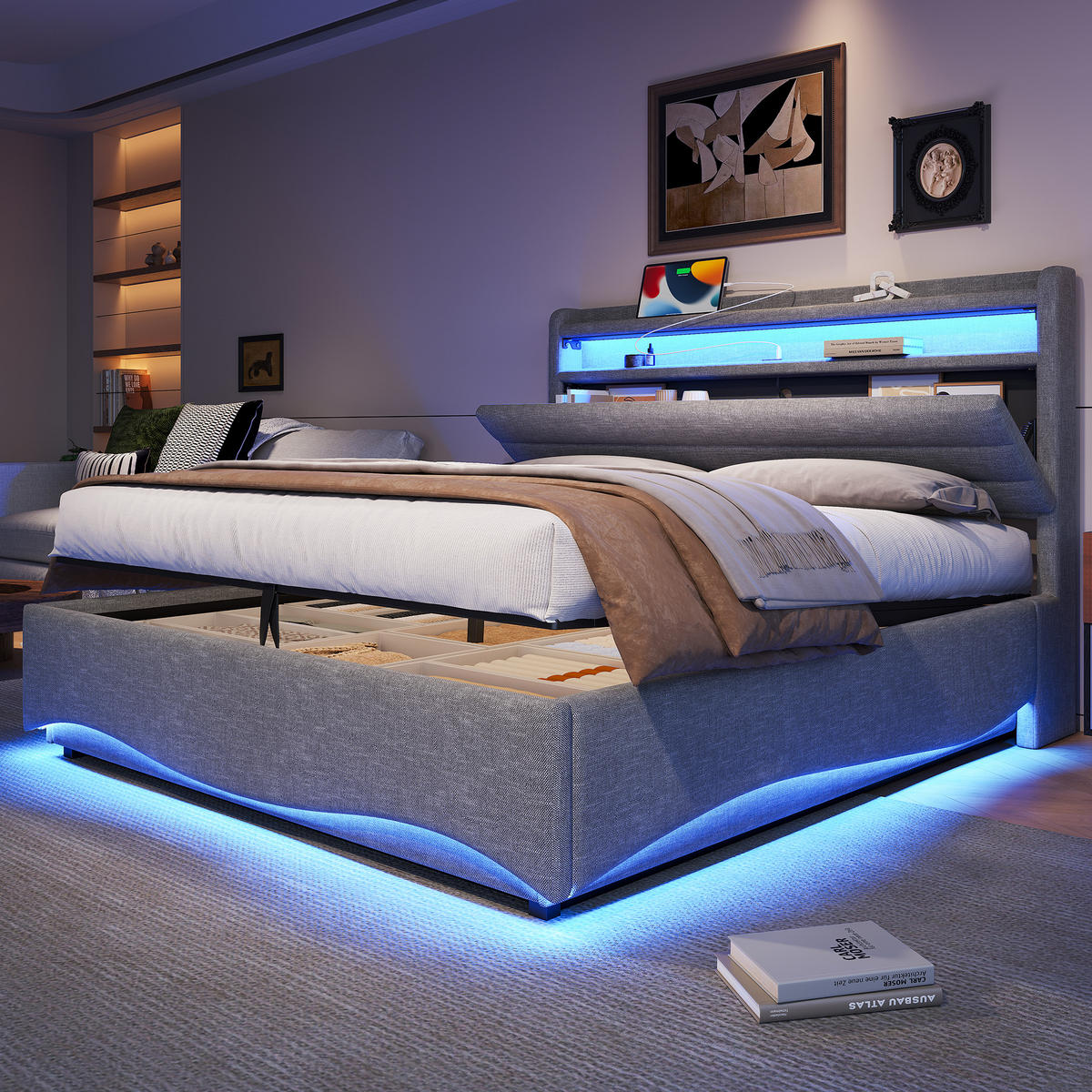 POLSTERBETT 140x200cm Grau LED Hydraulik USB Leinen - Grau, Holz (90/200cm) - FLIEKS