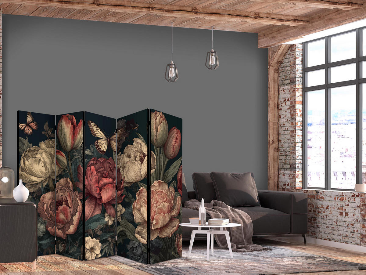 PARAVÁN Akustický 5-dielny 225x172 cm Pivonky V Boho Štýle - viacfarebná, drevo/textil (225/172/3cm) - Muralo