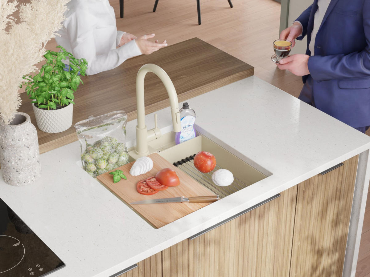 UNTERBAUSPÜLE GRANIT Bergen Pocket, 2-er set Beige 56/54 cm 1 Becken + Küchenarmatur 38/14 cm + Ablauf-Set + Küchenzubehörset ab 60er Unterschrank - Chromfarben/Beige, Kunststoff (56/20/54cm) - Primagran