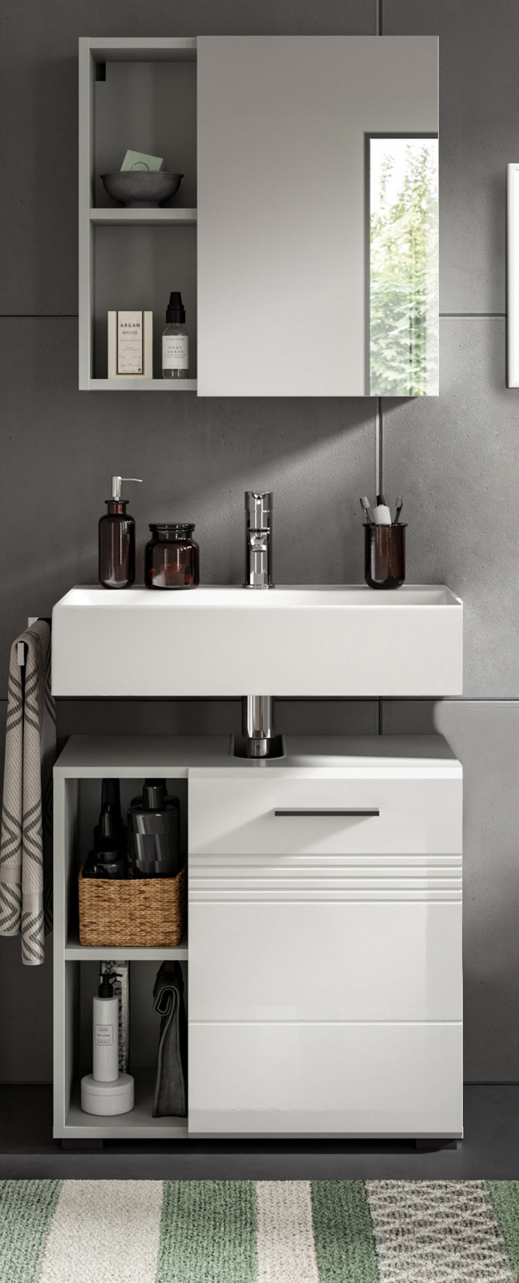 BADMÖBEL-SET 2-teilig weiß Hochglanz, grau 60 cm, Komplettset mit Soft-Close - Weiß Hochglanz/Grau, Glas/Holzwerkstoff (60/190/32cm) - Inn.Furn