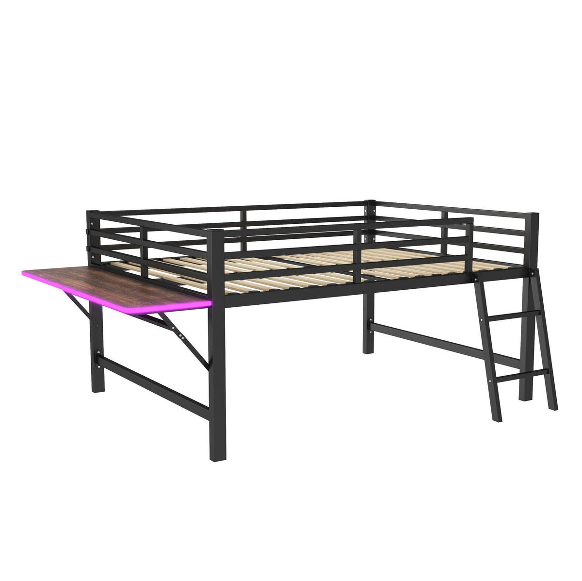 METALLBETT aus Metall 140x200 cm Schwarz mit Schutzgeländer, Leiter, klappbarem Schreibtisch und LED-Beleuchtung - Schwarz, Metall (140/200cm) - Modfu