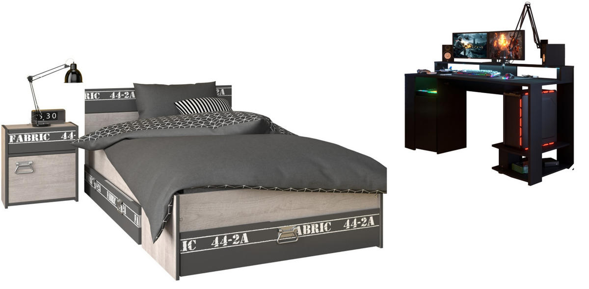 JUGENDZIMMER Set 3-tlg Gamingschreibtisch Bett 90 x 200 Nachttisch - Chromfarben/Eschefarben, Holzwerkstoff/Kunststoff (90/87/200cm) - Parisot Meuble