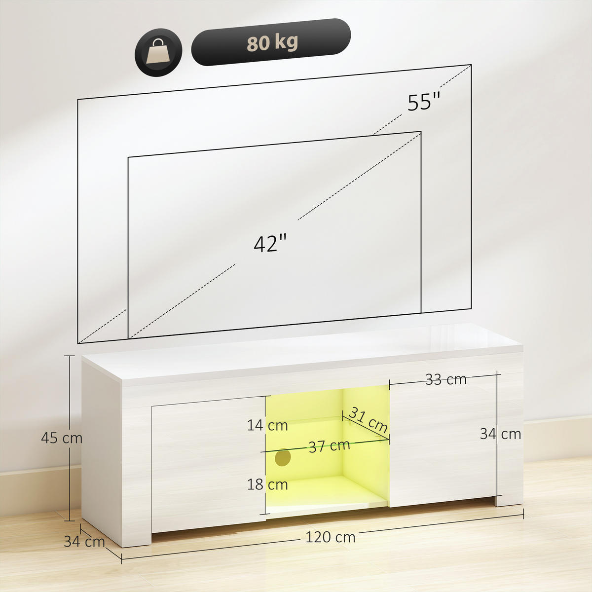 TV-SCHRANK mit LED-Beleuchtung, 2 Schranktüren, Glasregal, Kabellöcher Weiß - Weiß, Glas/Holzwerkstoff (34/45/120cm) - HOMCOM