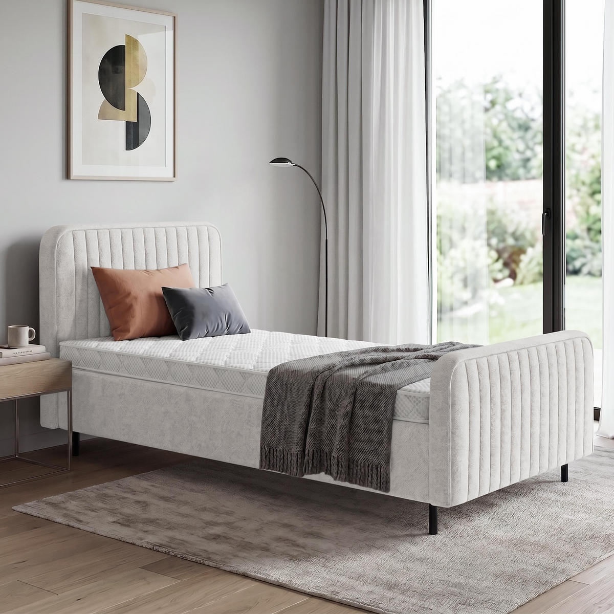 POLSTERBETT Lami 90x200, Einzelbett mit Bettkasten, ohne Matratze, Creme - Creme/Schwarz, Textil/Metall (90/200cm) - Beautysofa