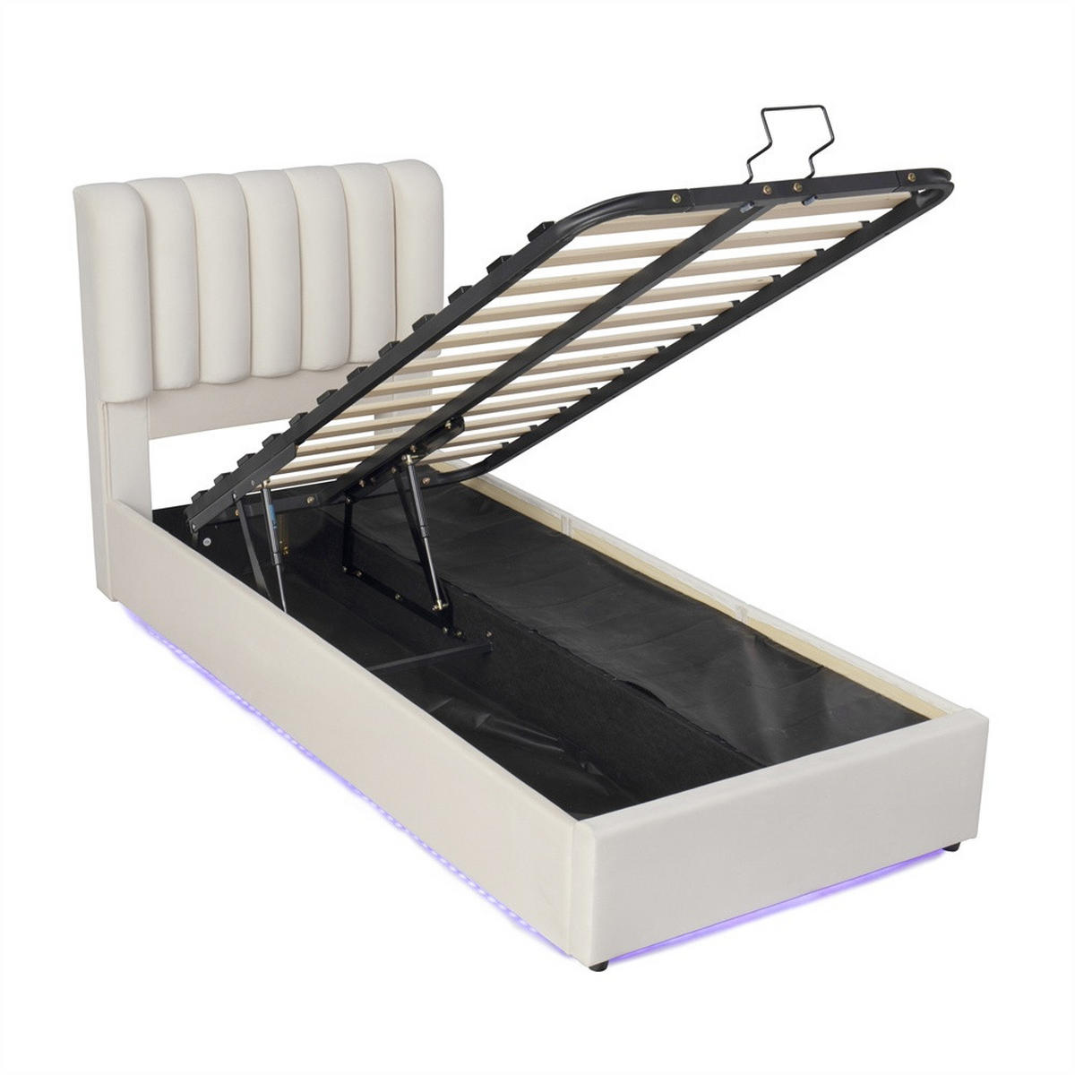 POLSTERBETT 90x200 cm mit hydraulischem Stauraum - 3 Schubladen & LED-Beleuchtung - Beige - ohne Matratze - Beige, Textil (90/200cm) - DELFA