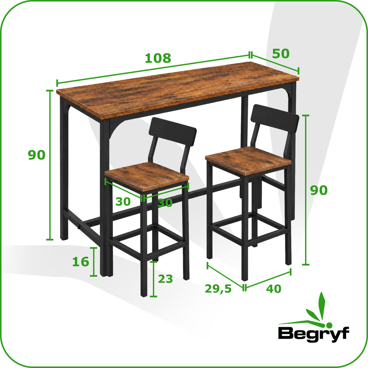 BARTISCH mit 2 Barstühlen mit Rückenlehne 3-teiliges Set Industrial Rustikal Braun Schwarz 108x50x90 cm - Dunkelbraun/Schwarz, Holzwerkstoff/Metall (108/90/50cm) - Begryf