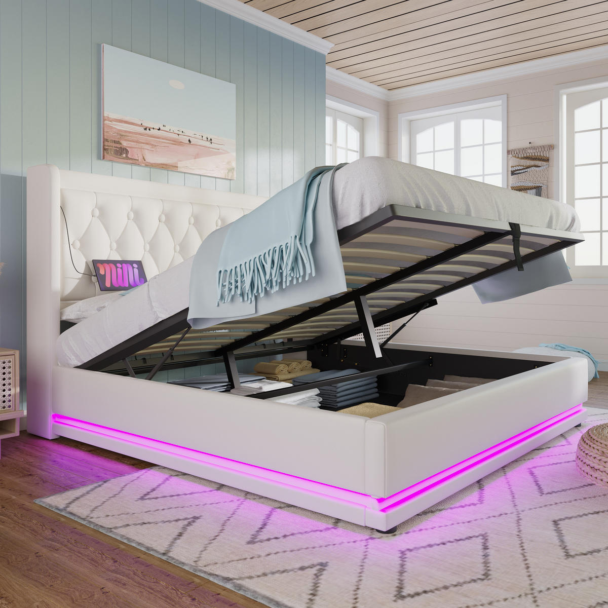 POLSTERBETT 180/200 cm mit hydraulischem Bettkasten, LED & USB/Typ-C, PU Weiß - Weiß, Kunststoff (180/200cm) - Redom