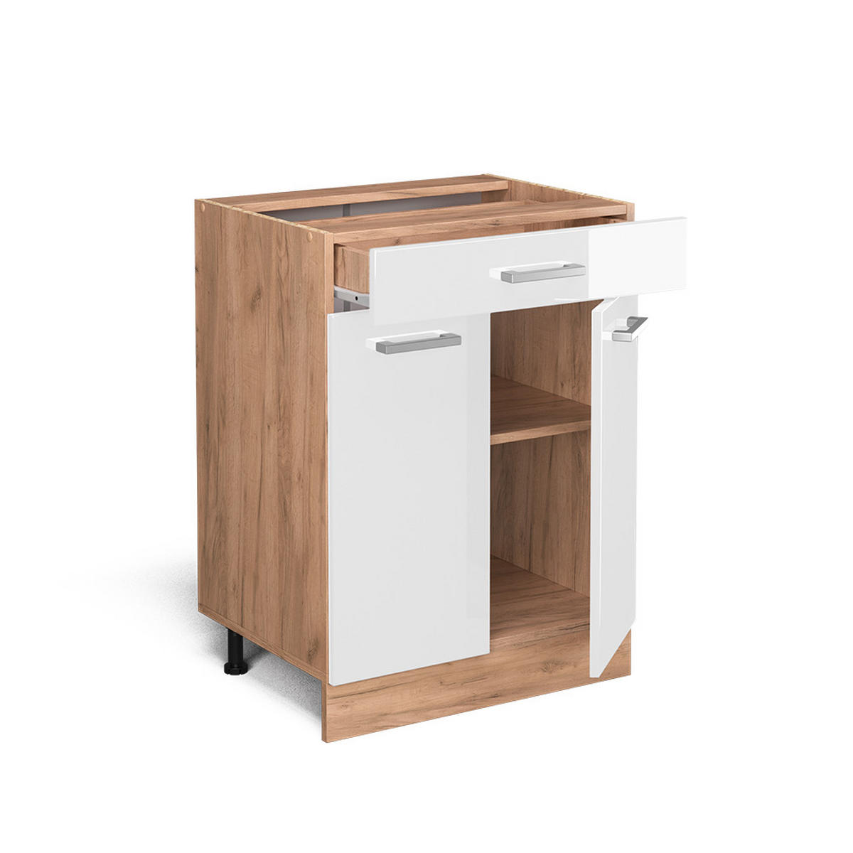 KÜCHENUNTERSCHRANK R-Line Weiß Hochglanz 60 cm mit Schublade, AP Eiche - Weiß Hochglanz/Eiche Wotan, Holzwerkstoff (60/81.6/60cm) - Vicco