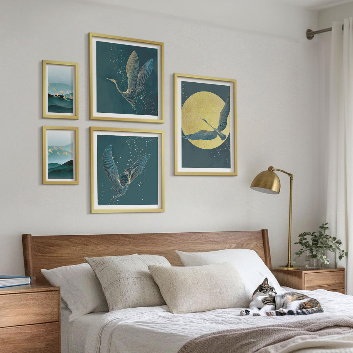 WANDBILDER 5er Set - 50x50 cm & 20x30 cm & 40x60 cm Goldrahmen - Abstrakte Landschaften von Vogelwellen - Goldfarben, Kunststoff (40/60cm) - ArtPrintCave
