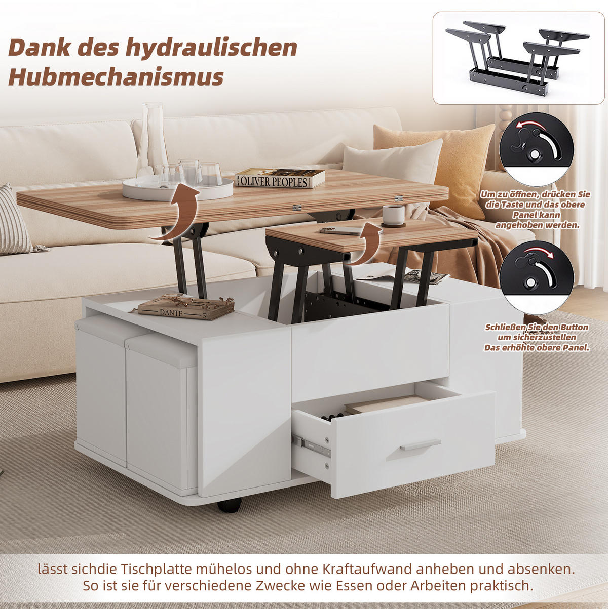 COUCHTISCH aus Spanplatte 100x50x45 cm Weiß/Naturholzfarben höhenverstellbar mit Schublade, 4 Hockern und Rollen - Weiß, Holzwerkstoff (100/50/45cm) - Modfu