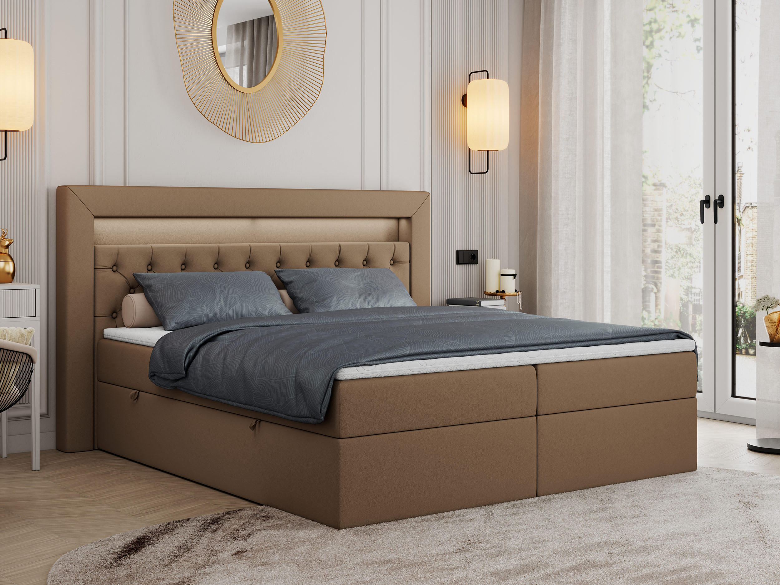 BOXBETT GOLD-6 LED 120/200 Braun Kunstleder - H3 - Braun, Holz/Textil (120/200cm) - MKS