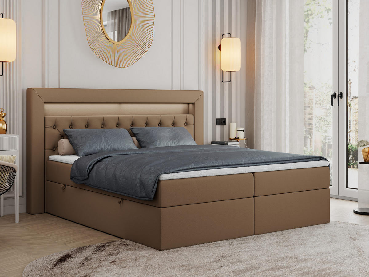 BOXBETT GOLD-6 LED 120/200 Braun Kunstleder - H3 - Braun, Holz/Textil (120/200cm) - MKS