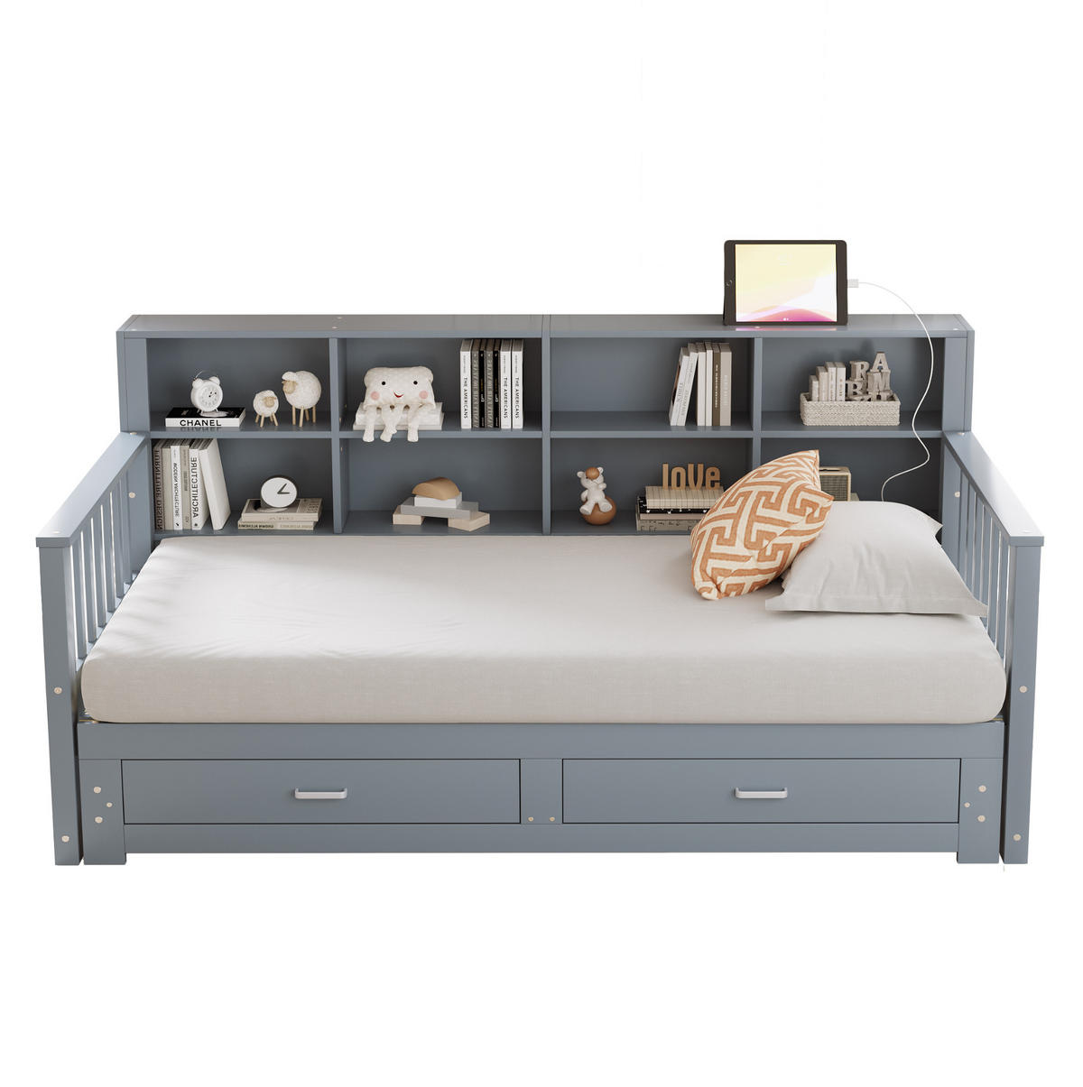 SCHLAFSOFA 90/190 cm ausziehbar auf 180/190 cm mit Stauraum, Steckdose, 2 Schubladen und Lattenrost, Grau - Grau, Holzwerkstoff (117/80/196.2cm) - Redom