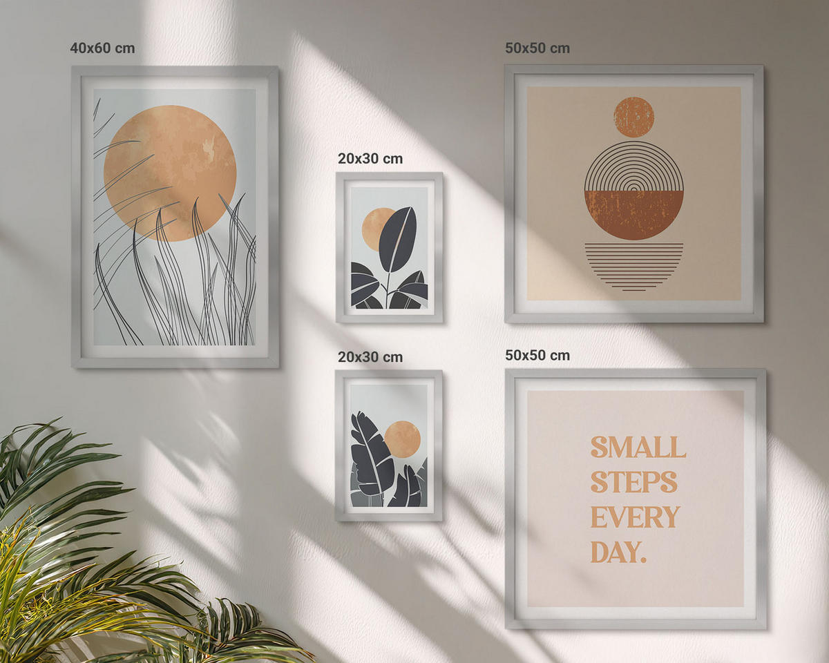 WANDBILDER 5er Set - 50x50 cm & 20x30 cm & 40x60 cm Silberner Rahmen - Waldnebel, Fluss, Gewächshauspflanzen - Silberfarben, Kunststoff (40/60cm) - ArtPrintCave
