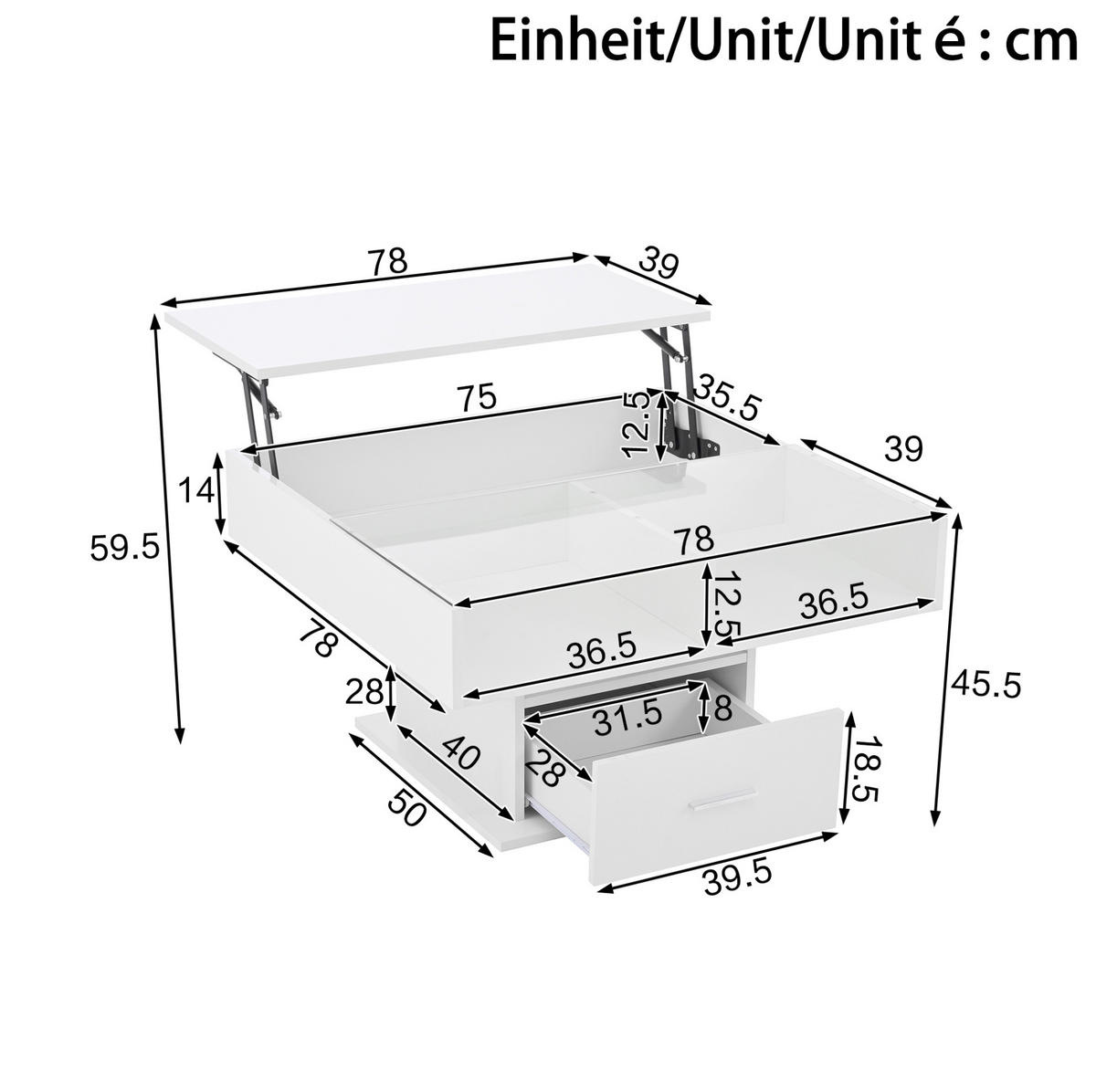 COUCHTISCH aus Spanplatte 78x78x45,5/59,5 cm in Weiß mit LED-Beleuchtung - Weiß, Holzwerkstoff (78/78/59.5cm) - Modfu