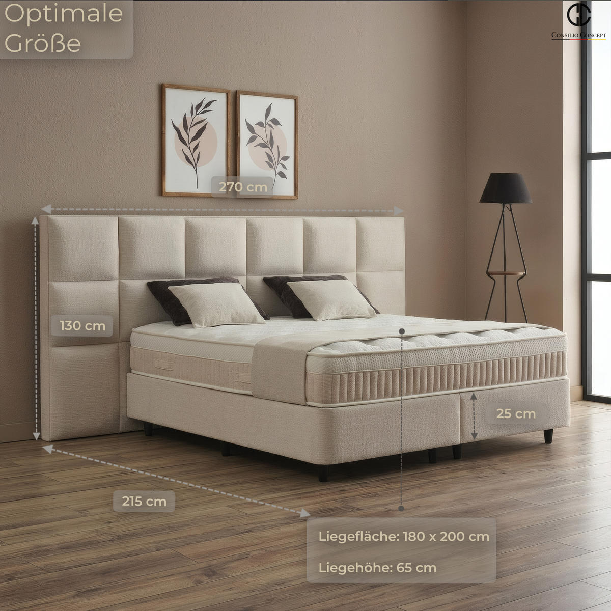 BOXSPRINGBETT MIT BETTKASTEN CANNES 180/200 cm, Ivory, Bettkasten, Matratze, Topper integriert, H3 mittel 7-Zonen Matratze - Creme/Schwarz, Holz/Kunststoff (180/200cm) - Consilio Concept