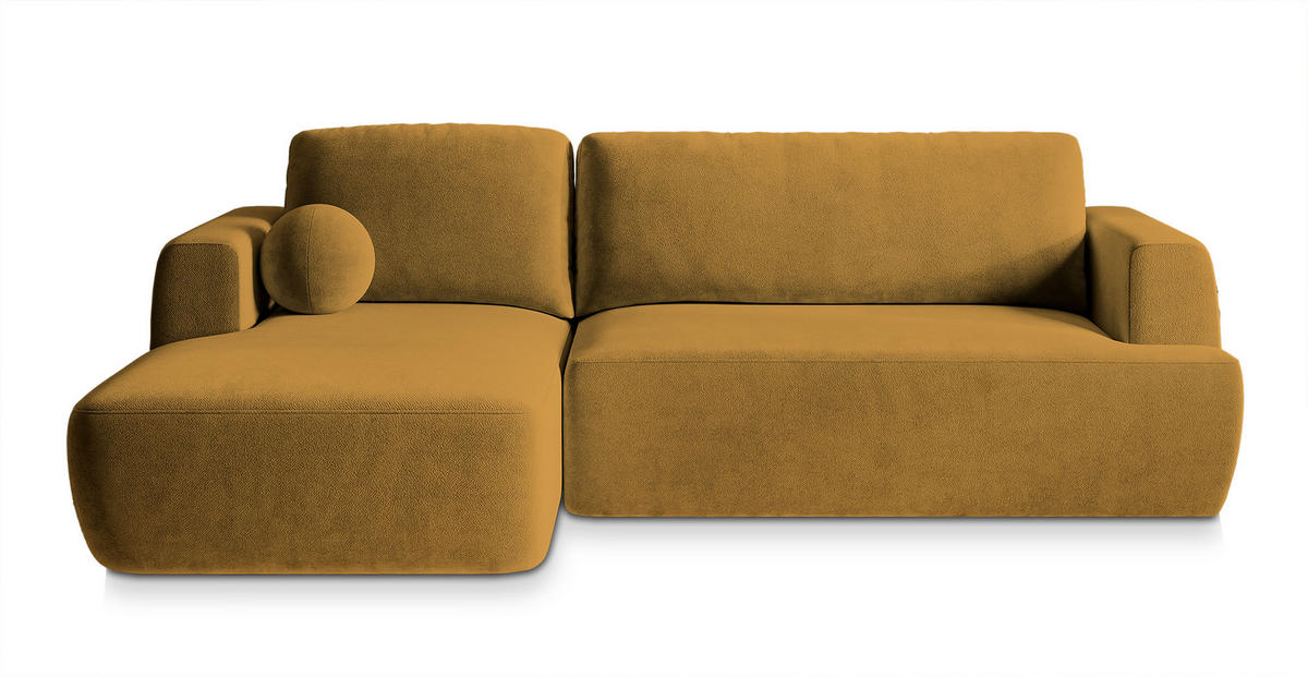 ECKSOFA SENTI K L-S Gelb Plüsch-Stoff mit Schlaffunktion - Gelb, Holz (246/148cm) - MASSENO