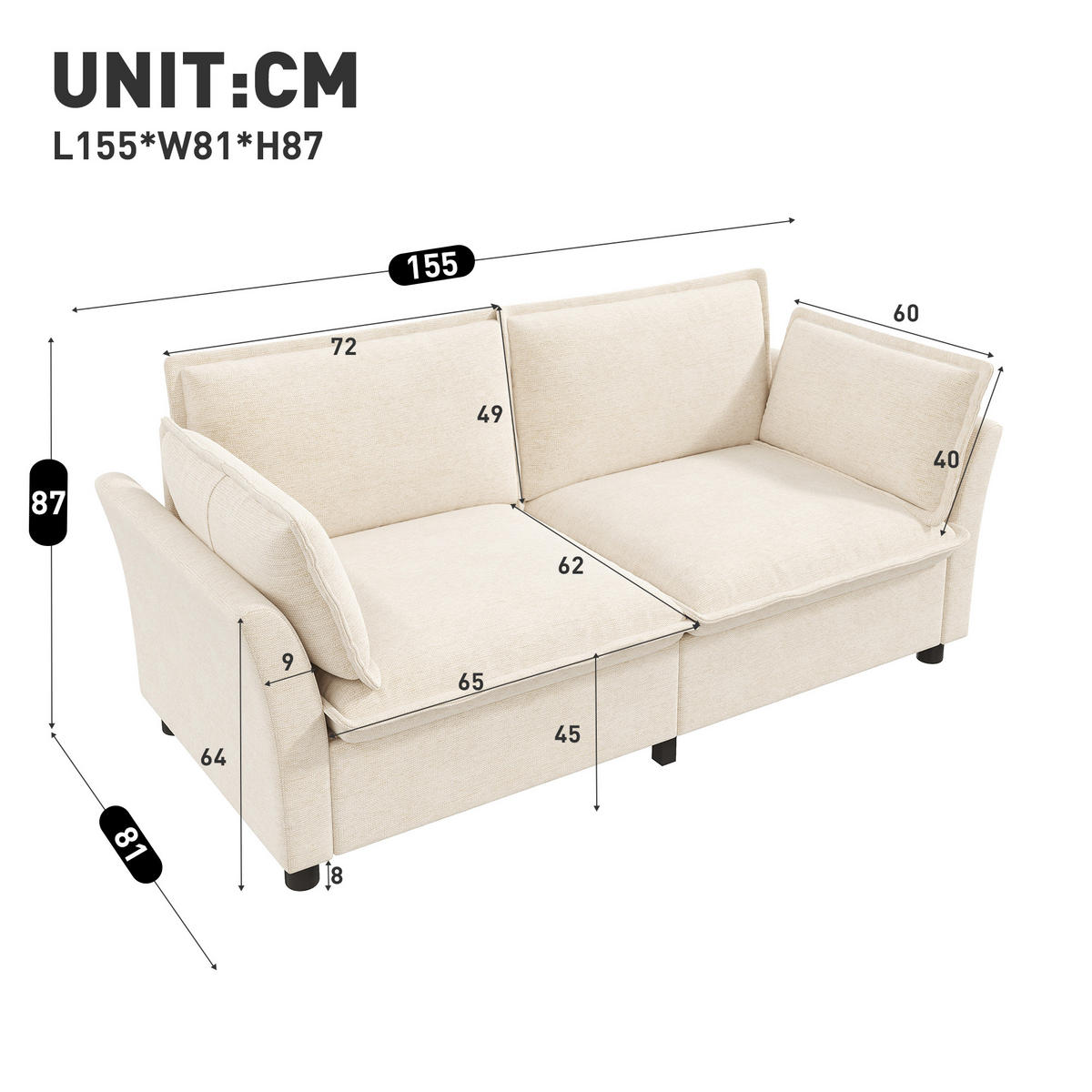 2-SITZER-SOFA DE-33210 mit dicken Polstern und Armlehnenkissen Beige - Beige, Metall (155/87/81cm) - ComfortXL