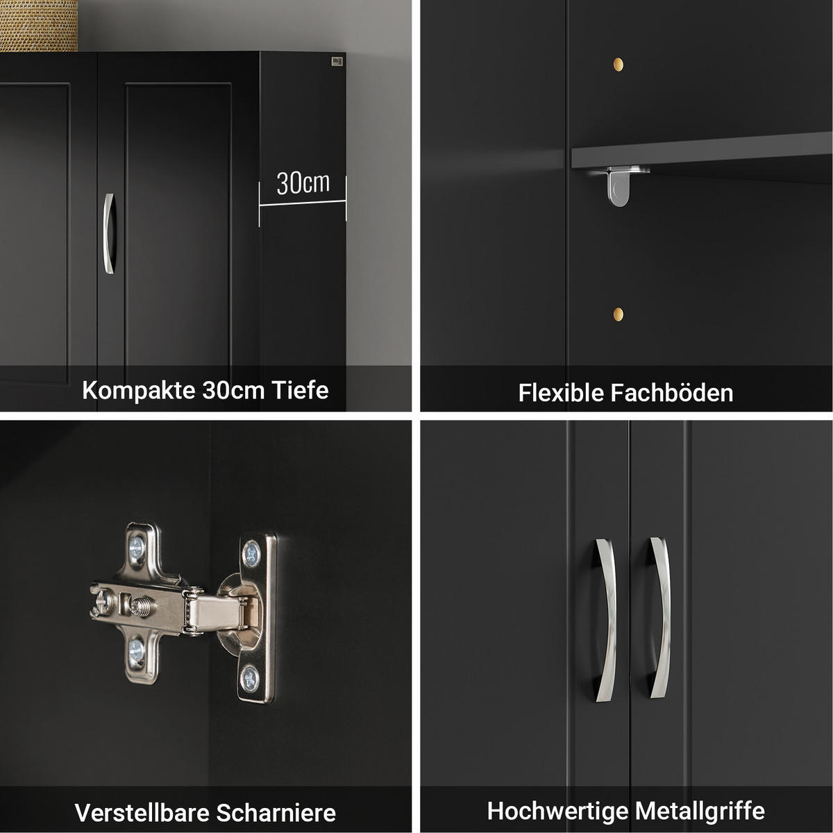 HÄNGESCHRANK schwarz, 90 x 60 x 30 cm, mit verstellbarem Einlegeboden, Badezimmerschrank hängend für Küche und Flur - Schwarz, Holzwerkstoff (90/60/30cm) - SoBuy