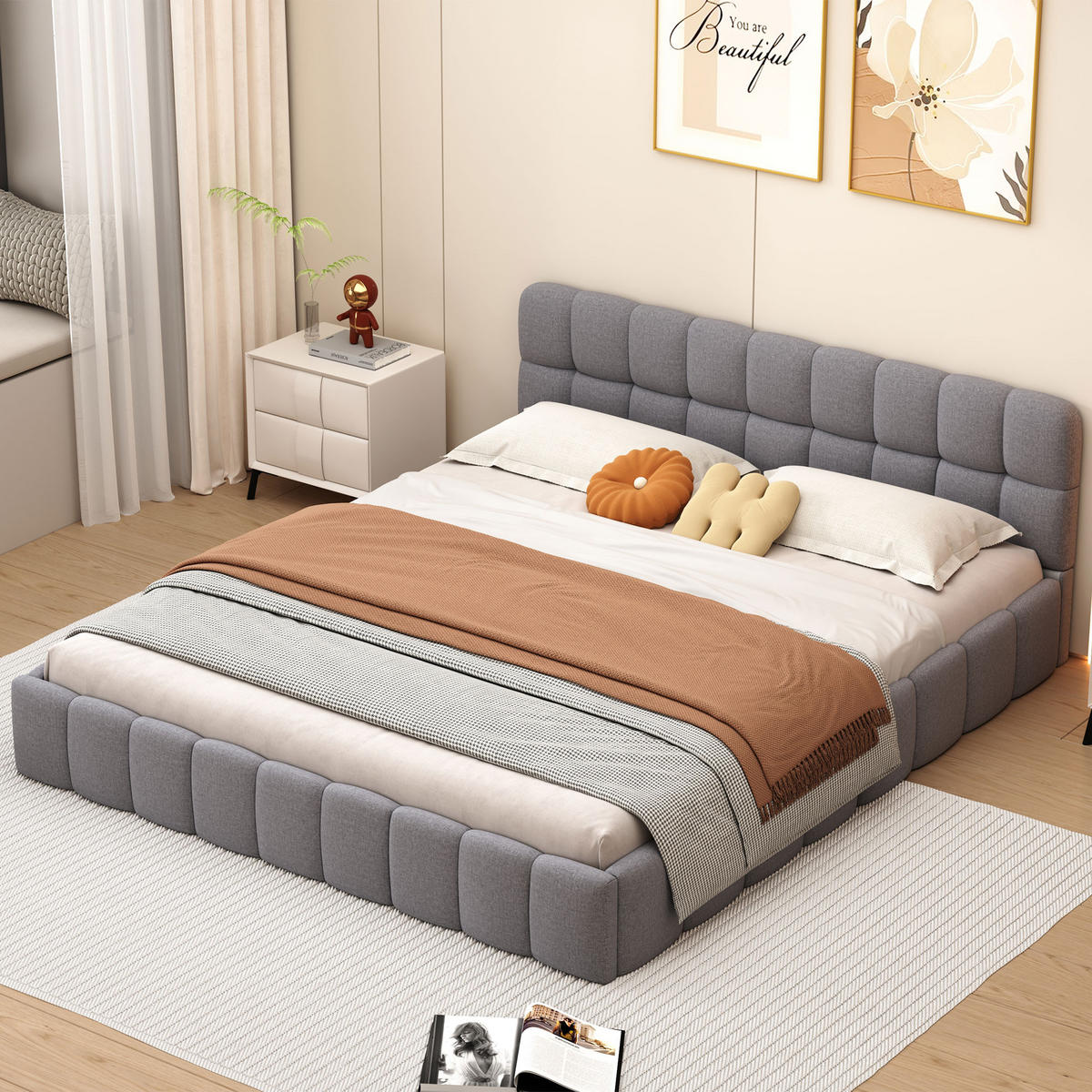 PLATTFORMBETT 140x190cm mit umlaufender Polsterung & Leinenstoff - Grau, Holz - SHOPENTRA