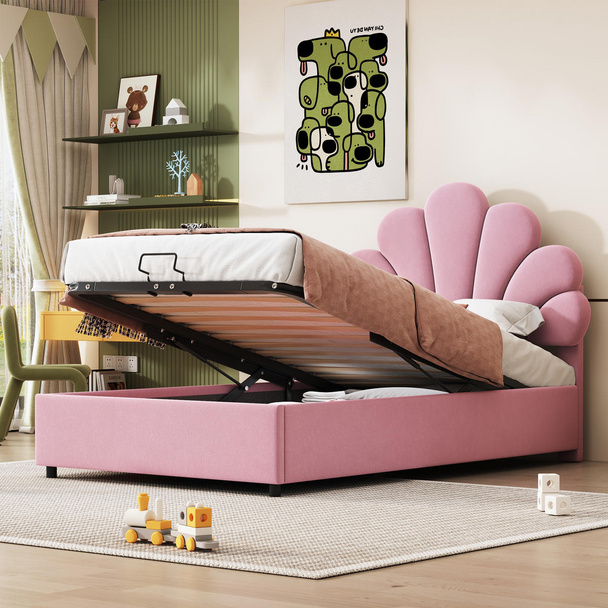 POLSTERBETT 90/200 cm Rosa mit geblümtem Kopfteil und hydraulischem Stauraum aus Samt - Rosa, Textil (90/200cm) - OKWISH