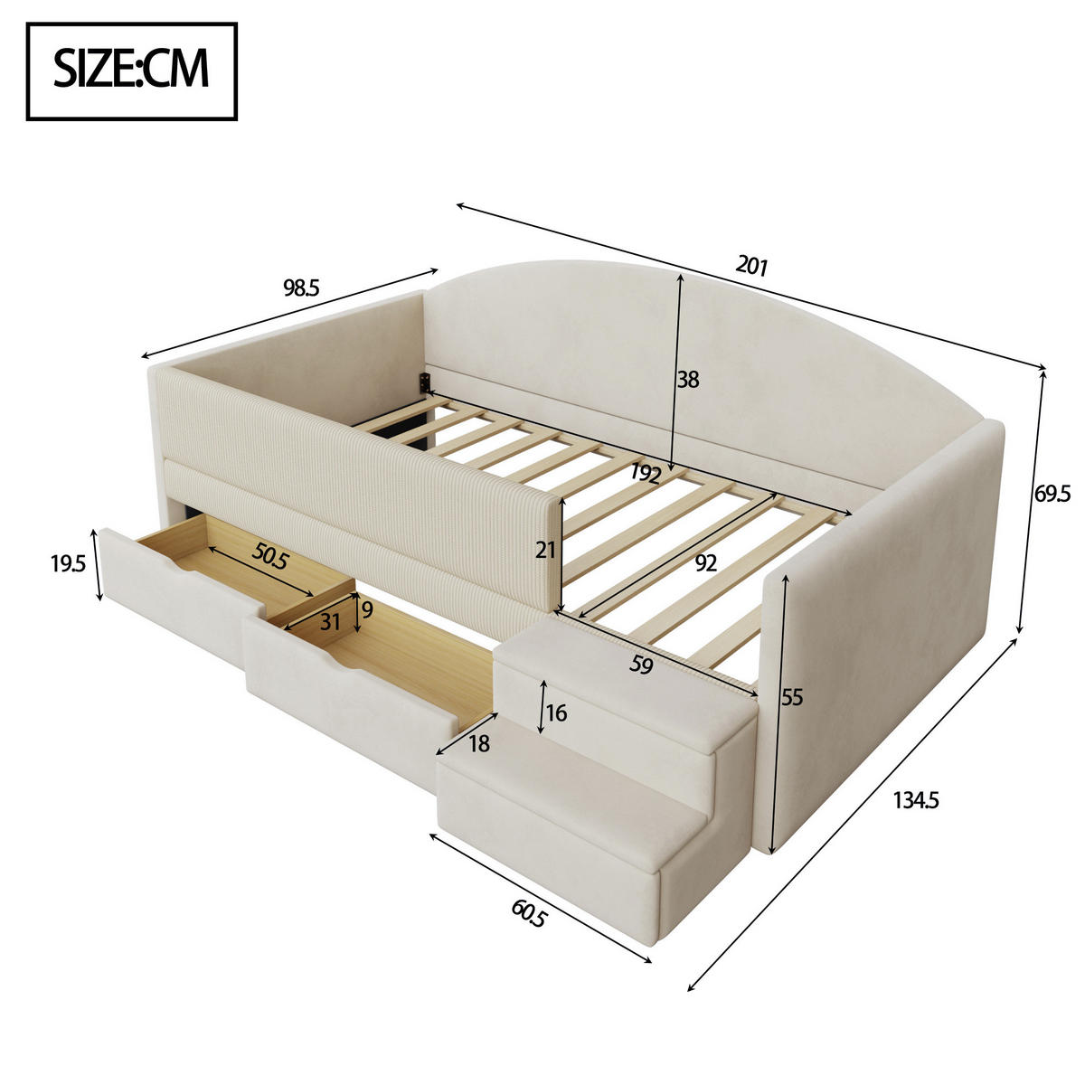 KINDER-POLSTERBETT 90/190 cm aus Samt mit 2 Schubladen und Schutzbügel Beige - Beige, Textil (90/190cm) - Modenvie