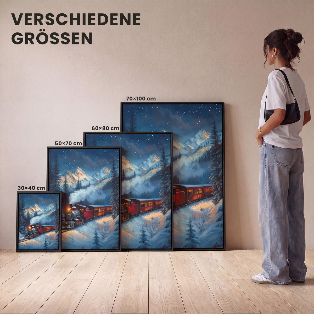LEINWAND Bilder mit Rahmen - Zug - Weihnachten - Schnee - Weihnachtszug - 30x40 - Anthrazit, Textil (30/40cm) - MuchoWow