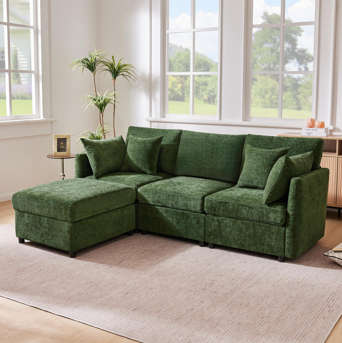 ECKSOFA 216/161/81 cm modular mit beweglichem Hocker und 4 Kissen aus Chenille, Grün - Grün, Textil (216/161cm) - Redom