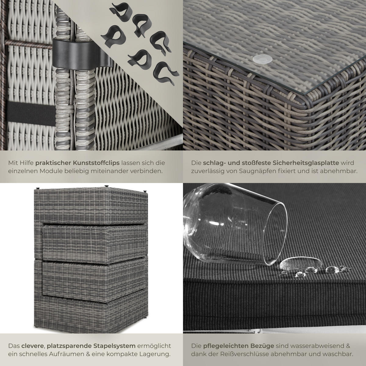 RATTANLOUNGE San Domino,mit Sicherheitsglasplatte,hellgrau/dunkelgrau - Dunkelgrau/Hellgrau, Kunststoff (72/63cm) - tectake