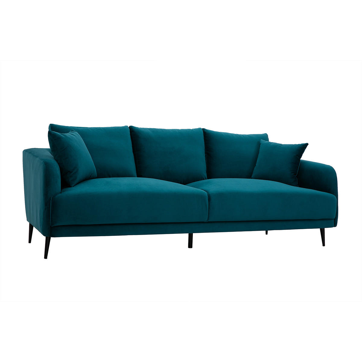 SOFA 3-Sitzer Petrolblauer Stoff Samtdesign Schwarzes Metall JERRY - Blau, Kunststoff (93/84/209cm) - Miliboo