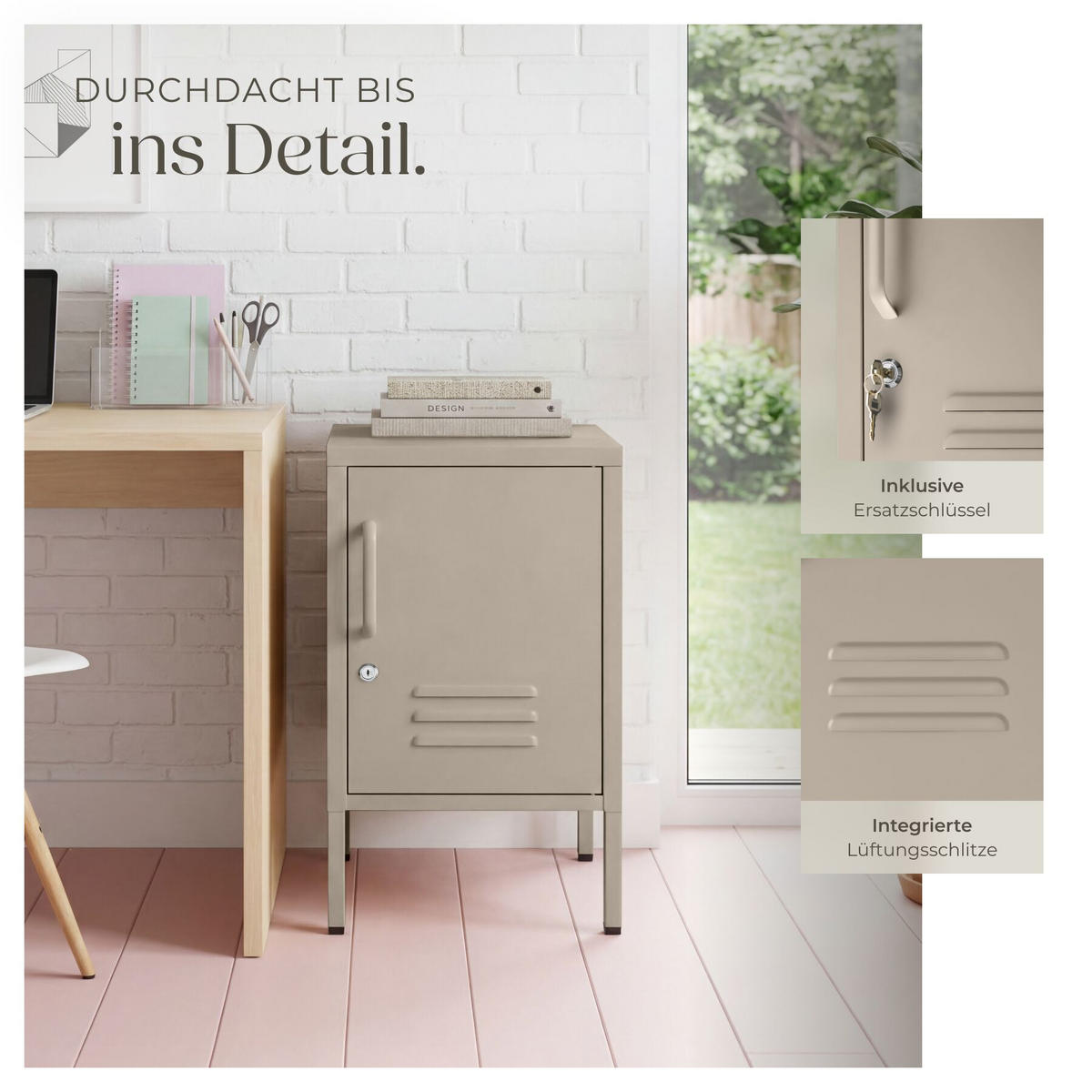 NACHTSCHRANK Baker, Kippschutz, höhenverstellbare Füße, taupe - Taupe, Metall (35/60.5/42.5cm) - tectake