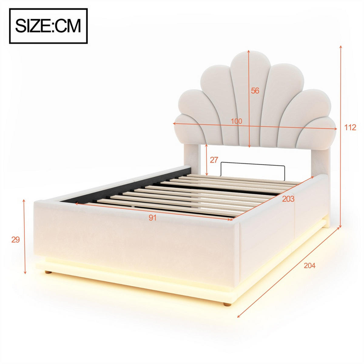 POLSTERBETT 90x200 cm mit Blüten-Kopfteil - LED Beleuchtung & hydraulischem Stauraum - Beige - ohne Matratze - Beige, Textil (90/200cm) - DELFA