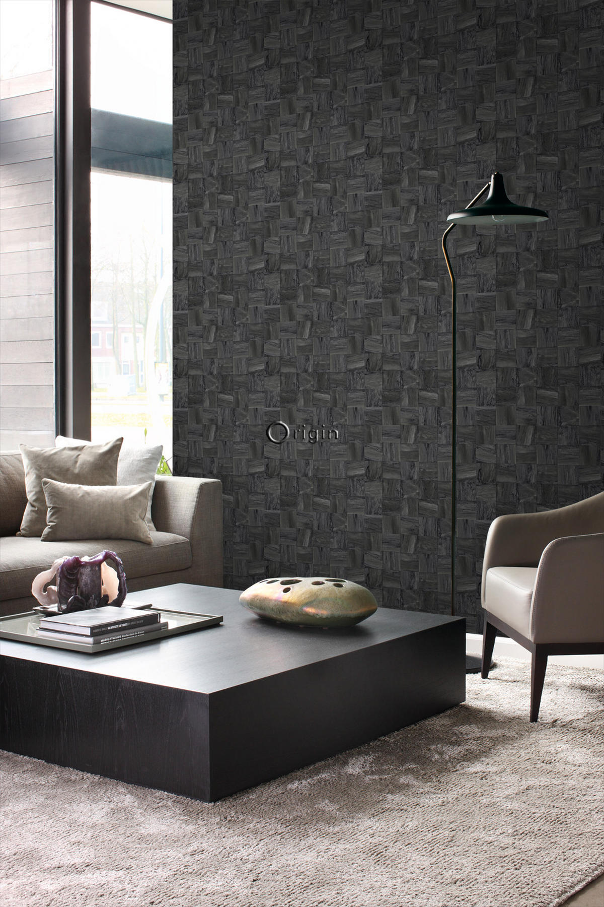 TAPETE quadratische Holzstücke 53 cm x 10.05 m - Schwarz, Papier (53/1000cm) - Origin Wallcoverings
