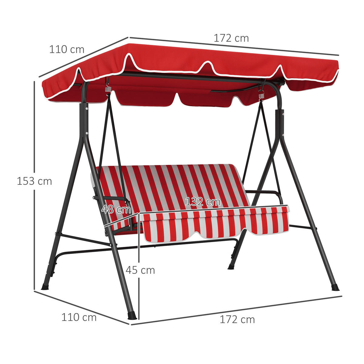 HOLLYWOODSCHAUKEL DE-15264 3-Sitzer mit verstellbarem Dach Rot - Rot, Metall (110/153/172cm) - ComfortXL