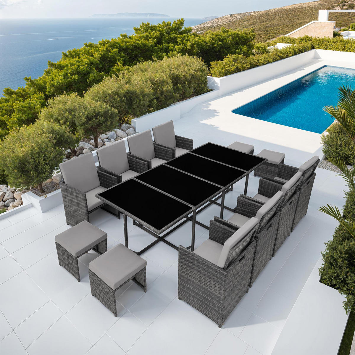 RATTAN SITZGRUPPE Palma,zusammenschiebbar, inklusive Schutzhülle,grau/hellgrau - Hellgrau/Grau, Kunststoff - tectake