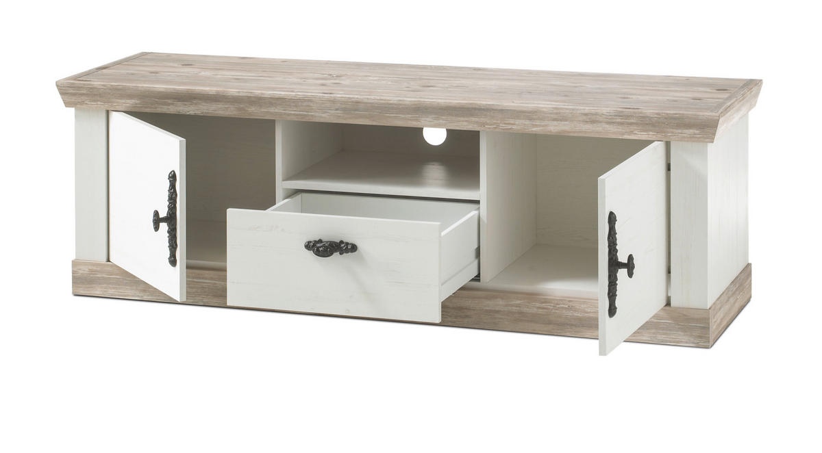 TV-LOWBOARD Pinie weiß, Oslo Pinie Landhaus, TV-Unterteil, 156 x 51 cm - Anthrazit/Weiß, Holzwerkstoff/Metall (156/51/44cm) - Furn.Design