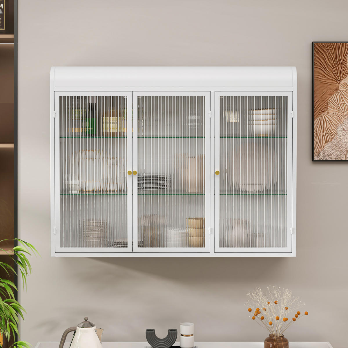 KÜCHENOBERSCHRANK 90x70 cm Weiß aus Glas & Metall Mit 3 Türen & 28kg Tragkraft - Weiß, Glas (90/70/19.5cm) - Modfu