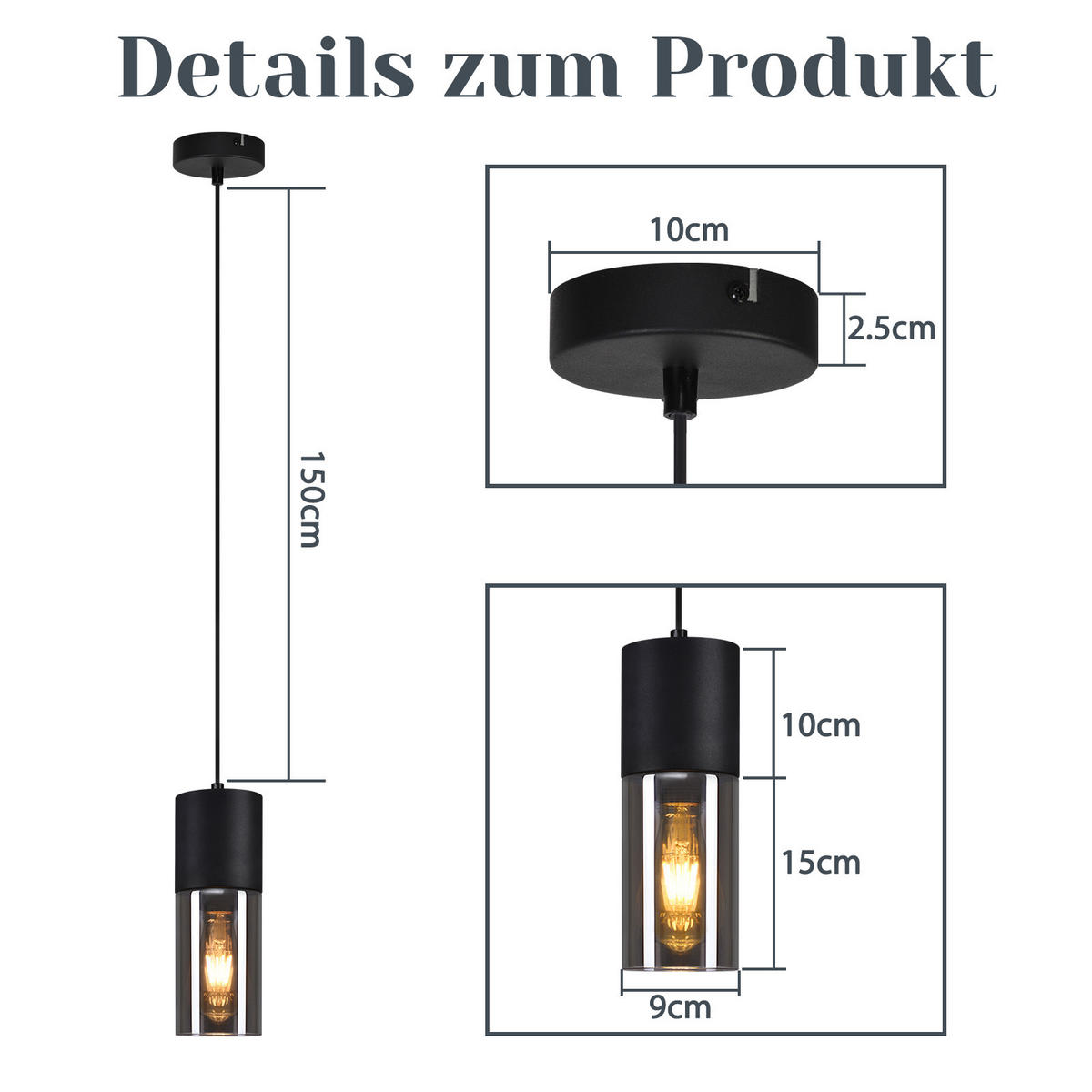 PENDELLEUCHTE Kaelisynn 10/10/30 cm - Schwarz, Metall (10/10/30cm) - ZMH